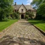 Allée élégante en pavés anciens devant une maison de caractère, exemple d’aménagement extérieur authentique et durable