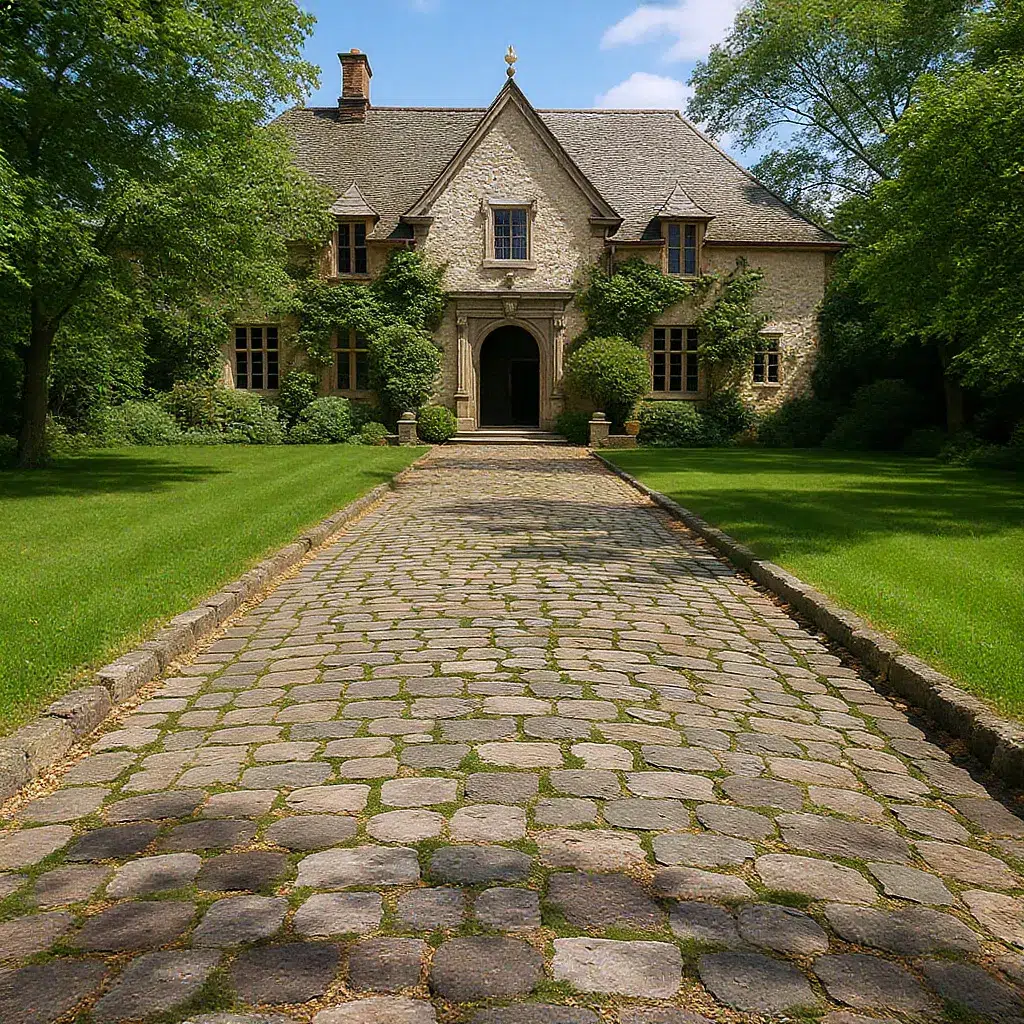 Allée élégante en pavés anciens devant une maison de caractère, exemple d’aménagement extérieur authentique et durable