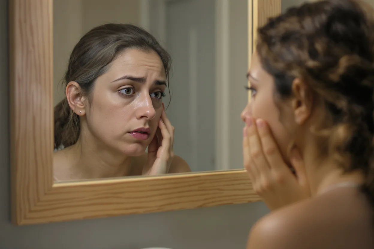 Femme fatiguée regardant sa peau terne dans le miroir
