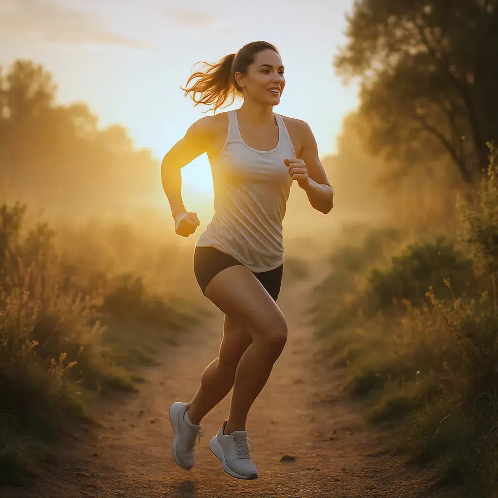 Femme courant en extérieur au lever du soleil pour pratiquer un sport cardio et perdre du poids.