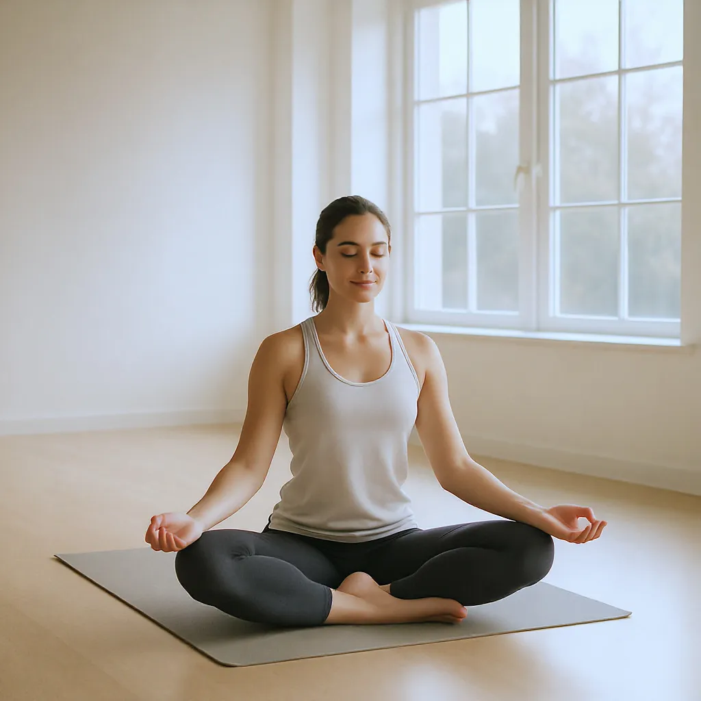 Femme en position de yoga dans un studio lumineux pour améliorer bien-être mental et équilibre intérieur.