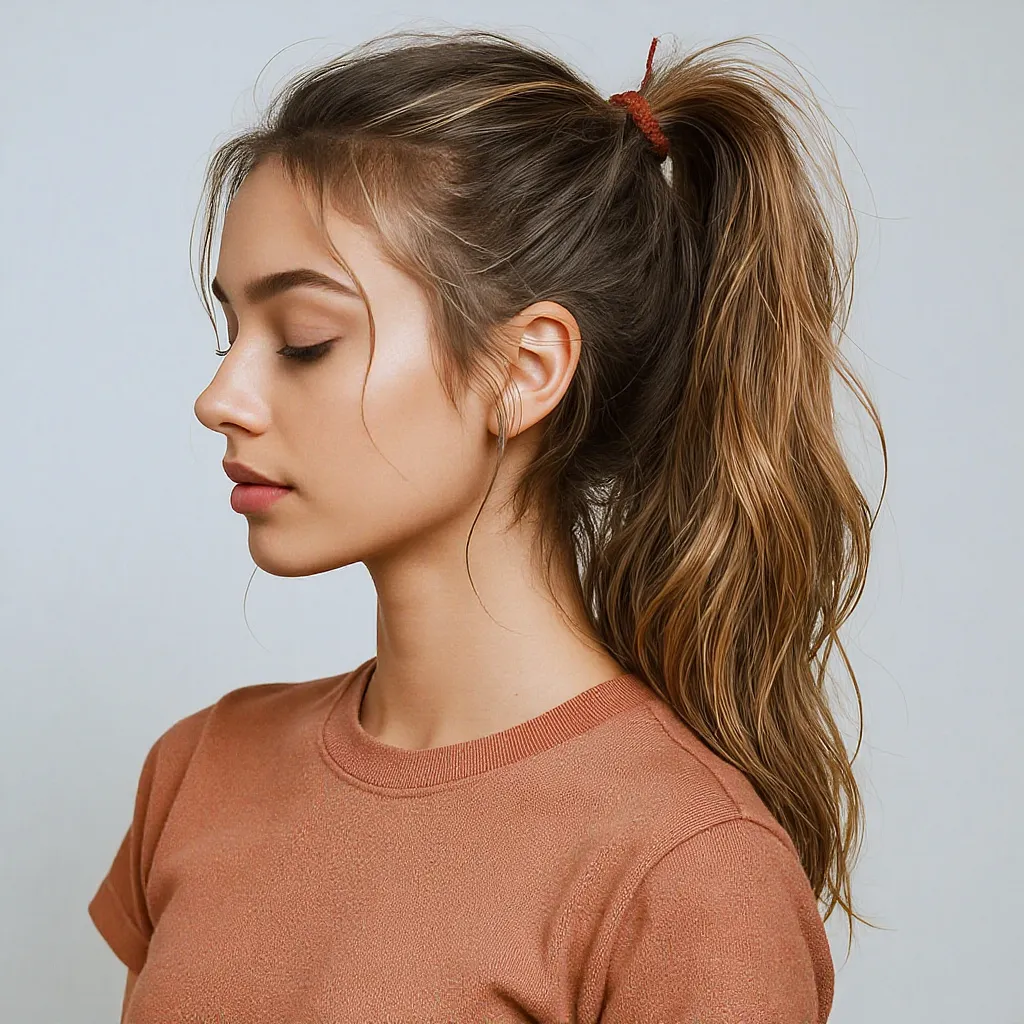 Femme aux cheveux ondulés attachés en queue-de-cheval haute floue, look casual chic.