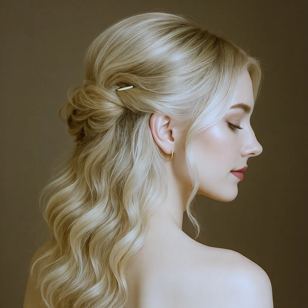 Femme blonde aux cheveux ondulés coiffés en demi-attache romantique avec barrette élégante.