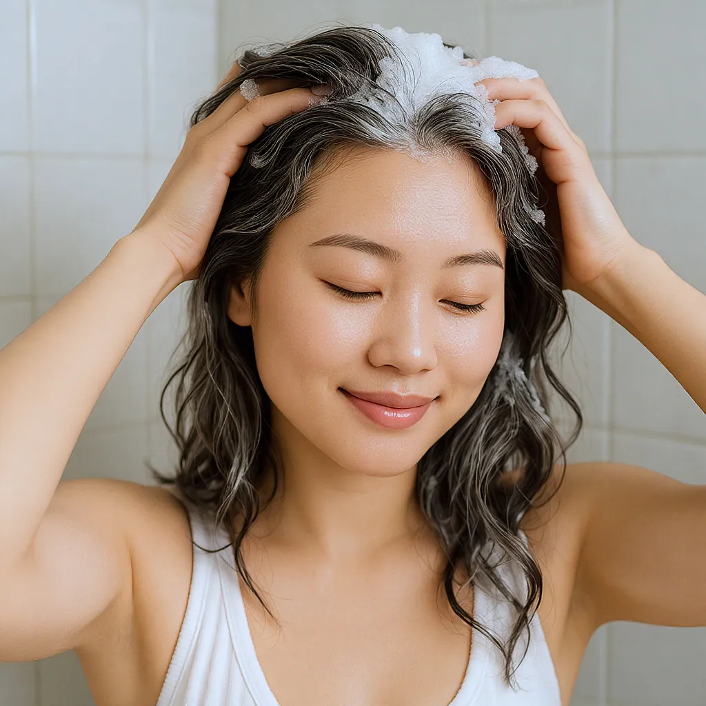 Femme sous la douche appliquant un shampoing doux sur cheveux ondulés, ambiance fraîche, gros plan mains dans les cheveux.
