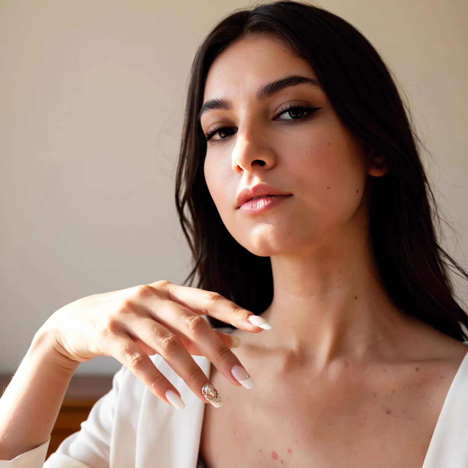 femme présentant ses beaux ongles tendances venis semi permanent