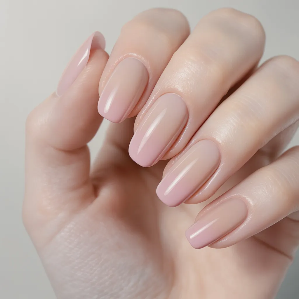 Mains élégantes avec vernis semi permanent ombré nude vers rose poudré, dégradé doux et raffiné