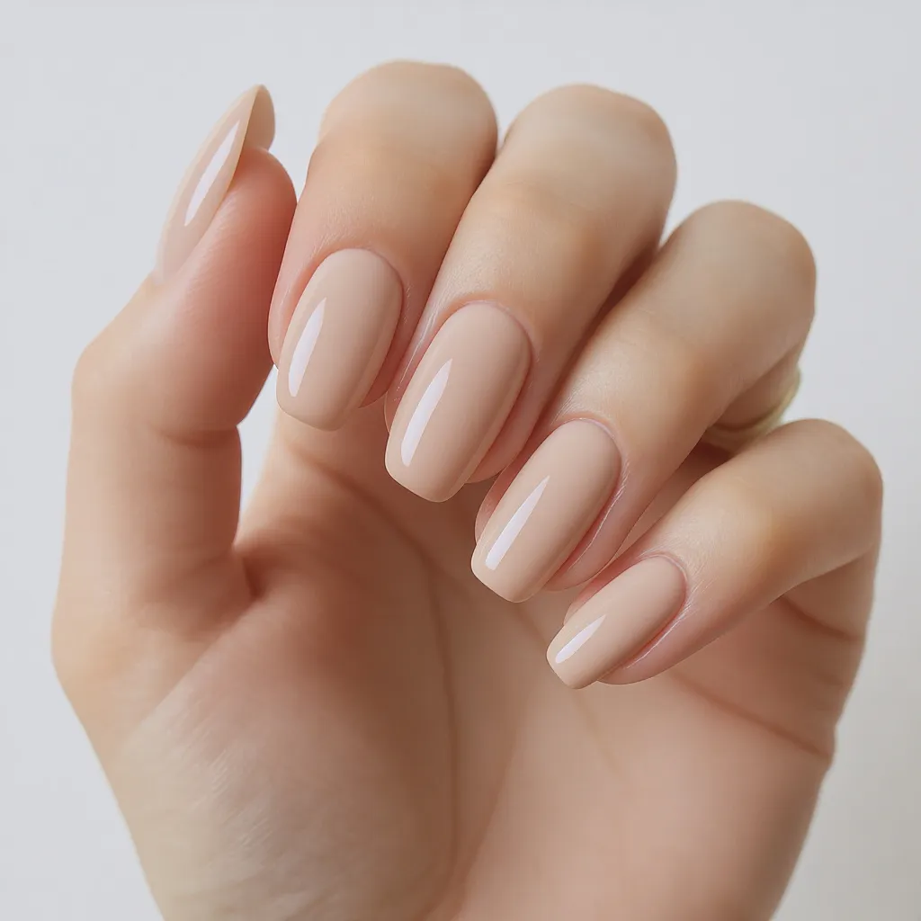 Mains soignées avec vernis semi permanent nude pêche et doré, lumière douce, décor minimaliste raffiné