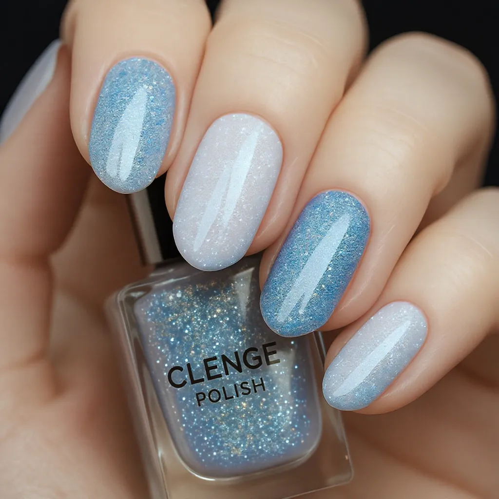 Mains féminines avec vernis semi permanent nude incrusté de micro-paillettes fines scintillantes