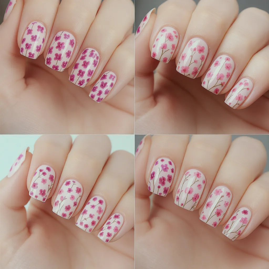 Colalges de 4 idées Ongles semi permanent pastel avec motifs floraux délicats dessinés, petites marguerites et roses fines