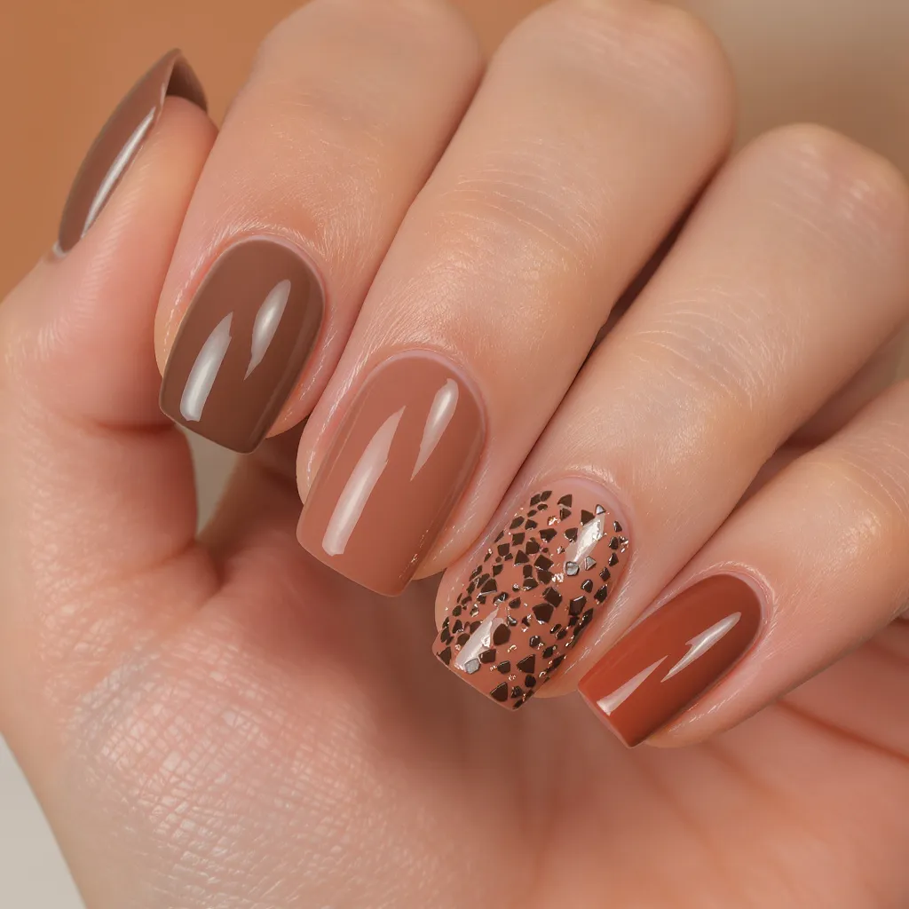 Mains féminines avec vernis semi permanent terracotta et brun chocolat, ambiance naturelle bohème
