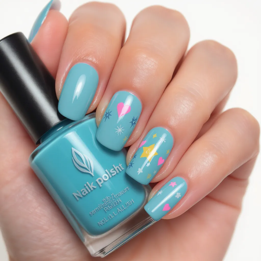 Manucure vernis semi permanent tendance bleu tenant un flacon