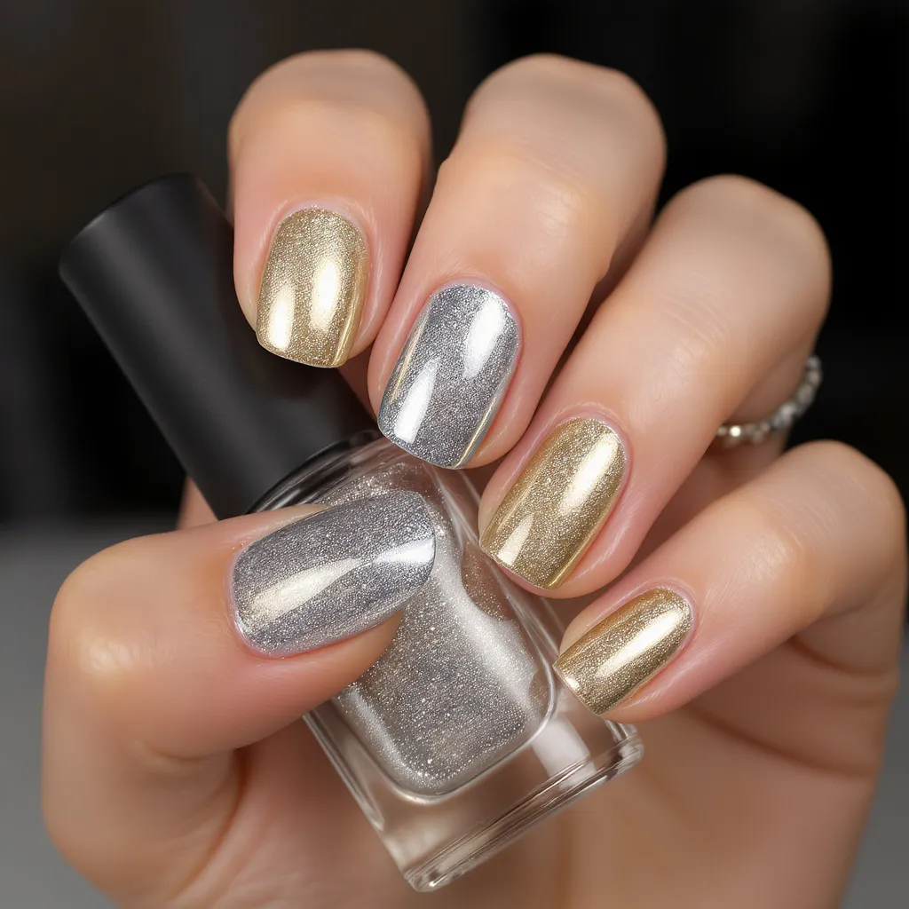 Mains féminines avec vernis semi permanent métallisé chrome argent et or brillant