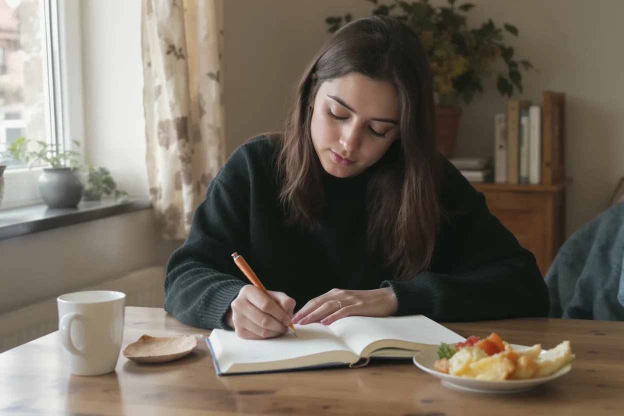 Jeune femme écrivant ses ressentis dans un carnet à côté d’une assiette équilibrée, symbole d’un travail apaisé sur le rapport au corps et à l’alimentation