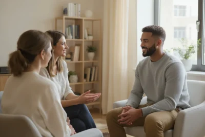 Séance de thérapie comportementale cognitive avec un patient discutant activement avec sa thérapeute dans un cabinet lumineux