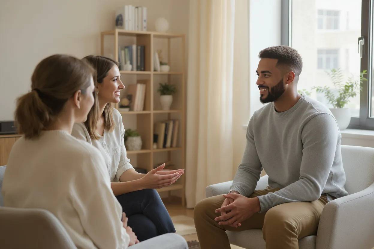 Séance de thérapie comportementale cognitive avec un patient discutant activement avec sa thérapeute dans un cabinet lumineux