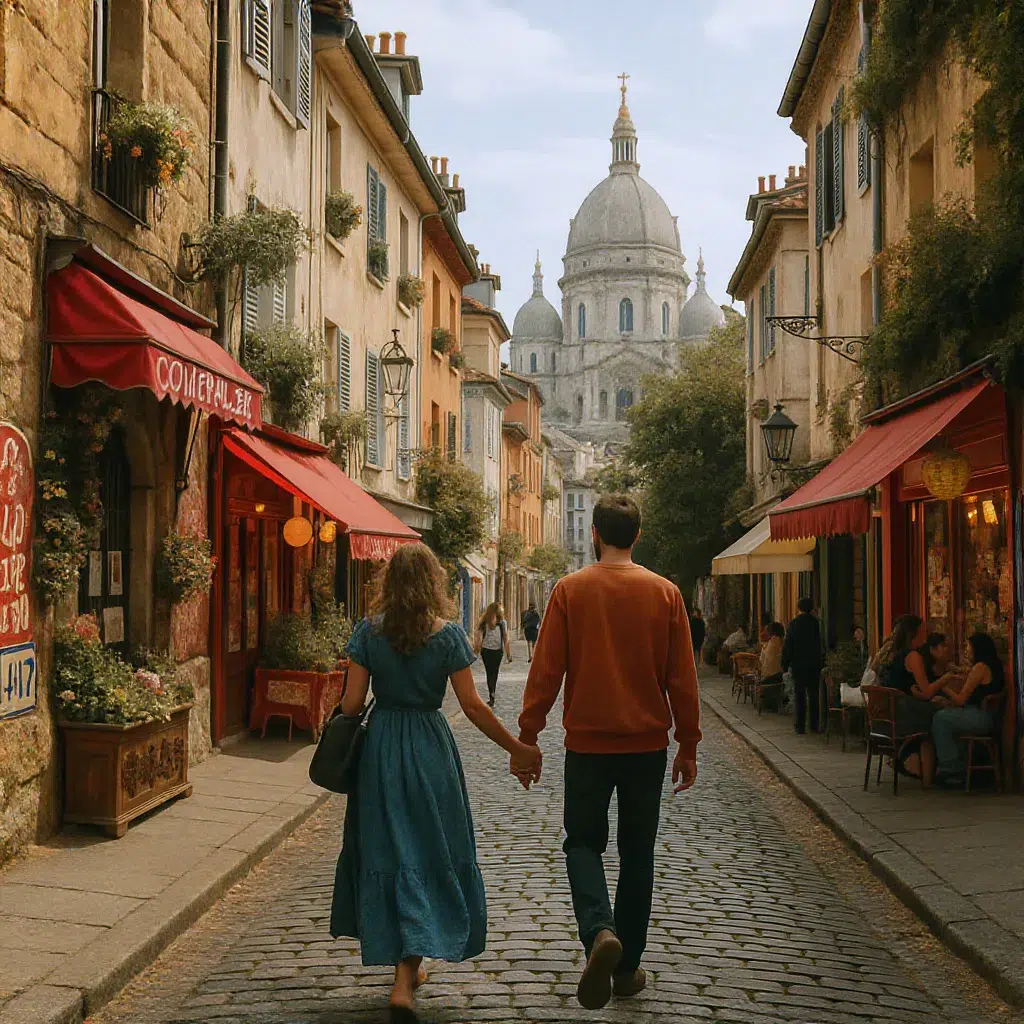 Couple amoureux se promenant dans les ruelles pavées de Montmartre avec vue sur le Sacré-Cœur