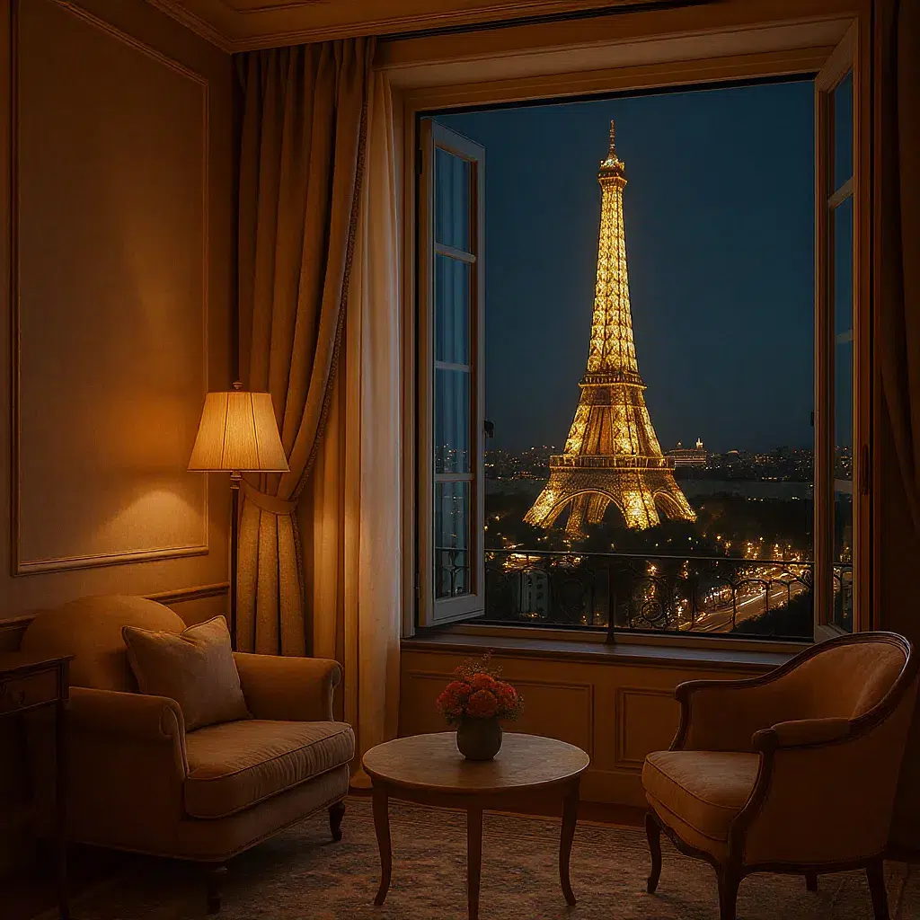 Chambre romantique d’hôtel parisien avec vue directe sur la Tour Eiffel illuminée la nuit