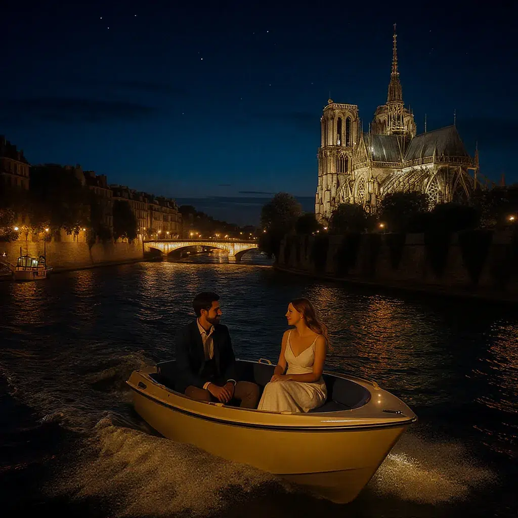 Couple en croisière romantique sur la Seine, admirant Paris illuminé la nuit