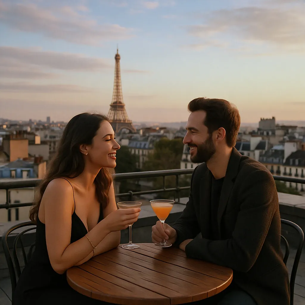 Couple dînant dans un restaurant romantique parisien offrant une vue panoramique sur Paris illuminé