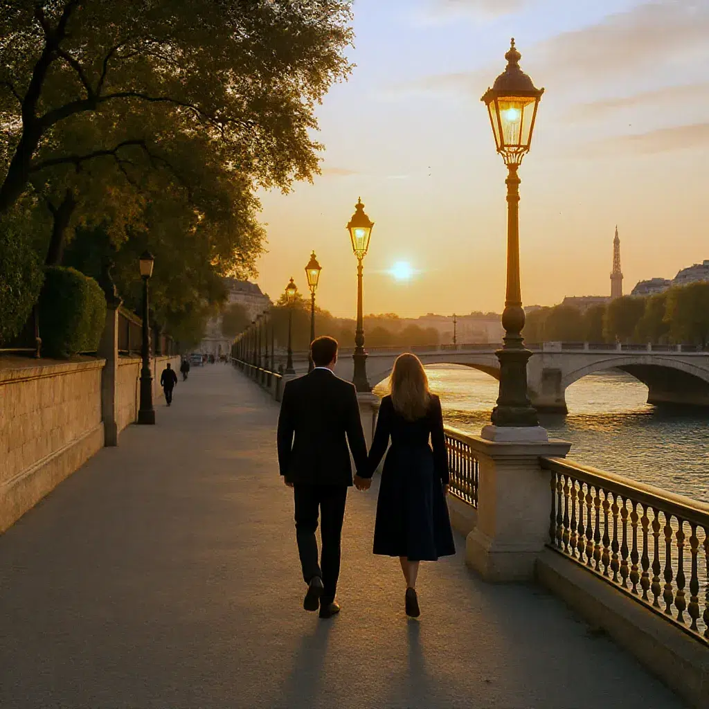 Couple amoureux marchant au bord de la Seine au coucher du soleil pendant un week-end à Paris