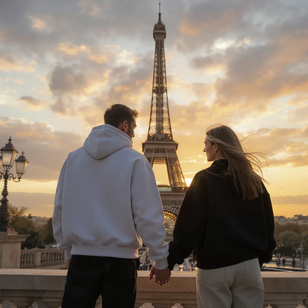 Jeune couple romantique moderne main dans la main devant la Tour Eiffel au coucher du soleil lors d’un week-end en amoureux à Paris