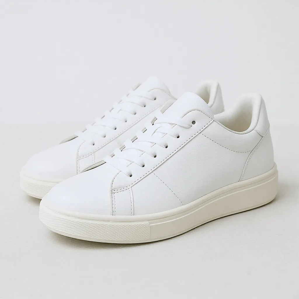 Sneakers blanches minimalistes pour femme, profil fin et semelle intérieure matelassée, élégantes et confortables pour marcher longtemps.