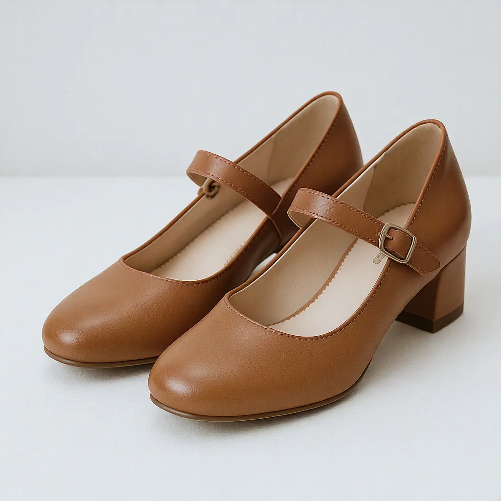 Mary Janes à bride en cuir souple, petit talon bloc et semelle moelleuse, élégantes et confortables pour la journée en ville.