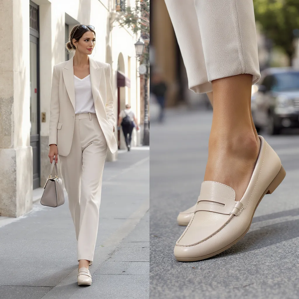 Collage femme élégante marche en ville, tenue chic et Gros plan sur ses chaussures mocassins souples