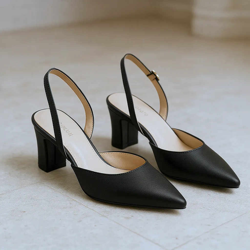 Escarpins slingback femme à talon bloc 4–5 cm, bride réglable et semelle rembourrée, élégants et confortables pour soirée ou bureau.
