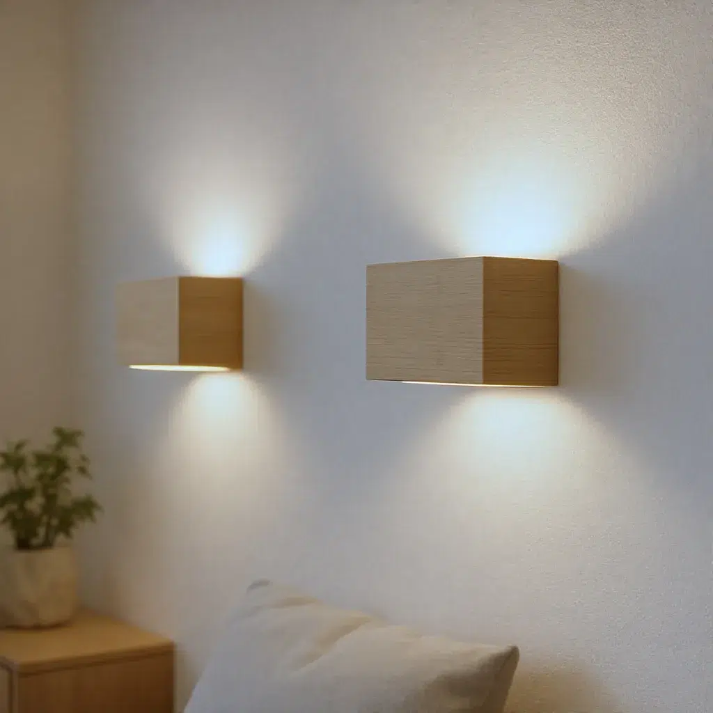 Appliques murales en bois clair diffusant une lumière douce dans un salon scandinave épuré