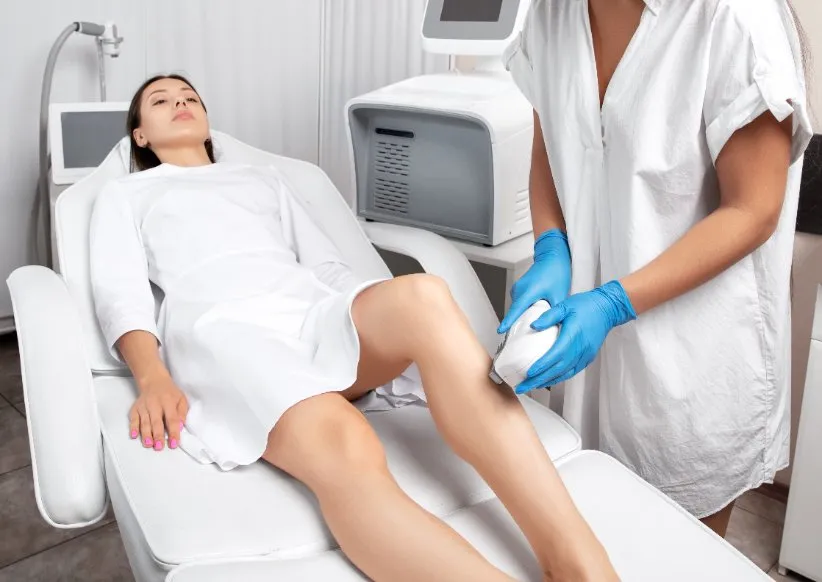 Femme recevant un soin des jambes dans un institut de beauté, praticienne en blouse blanche, ambiance détente et bien-être.