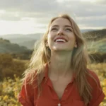 Femme souriante dans la nature illustrant l’idée d’attirer le positif