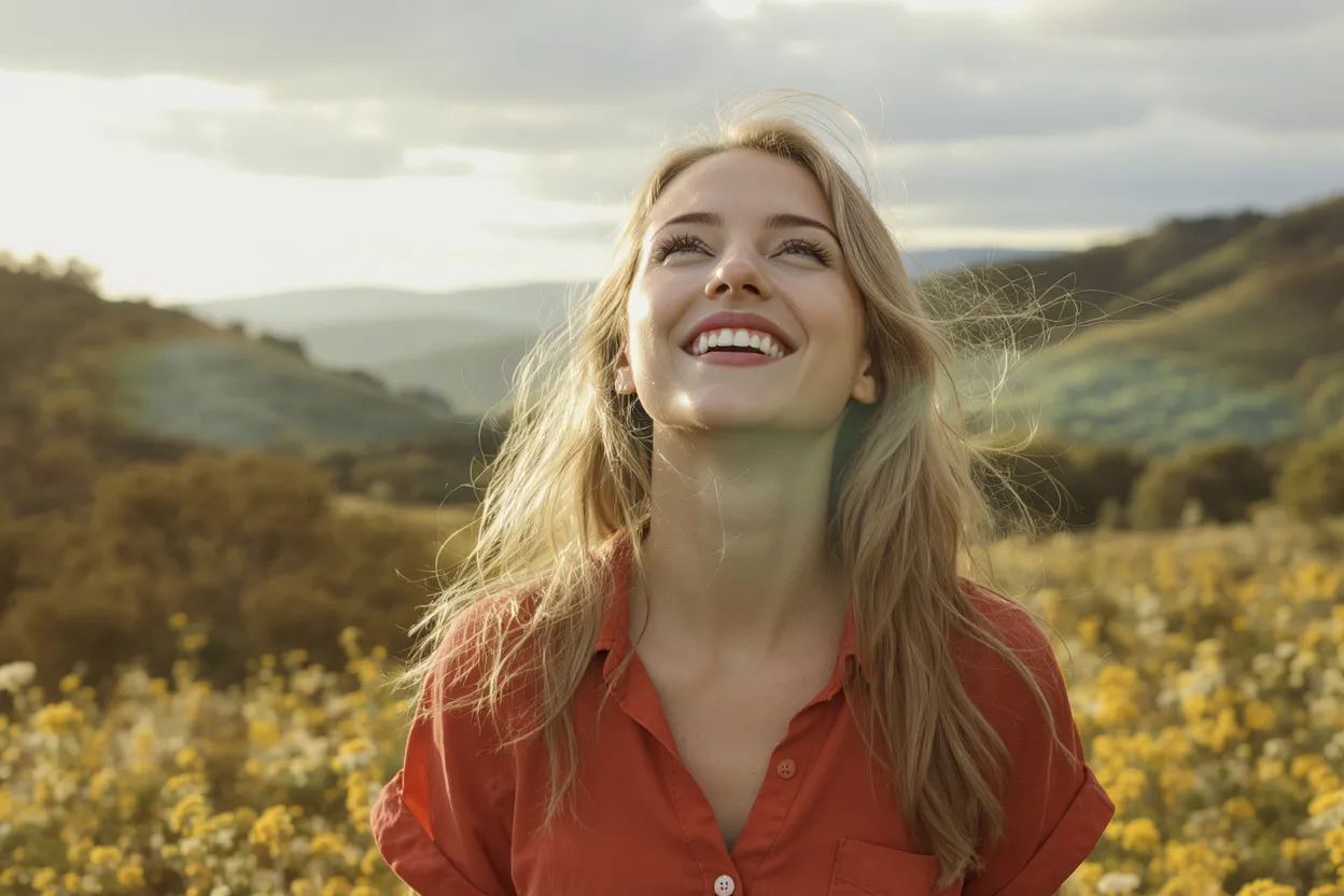 Femme souriante dans la nature illustrant l’idée d’attirer le positif