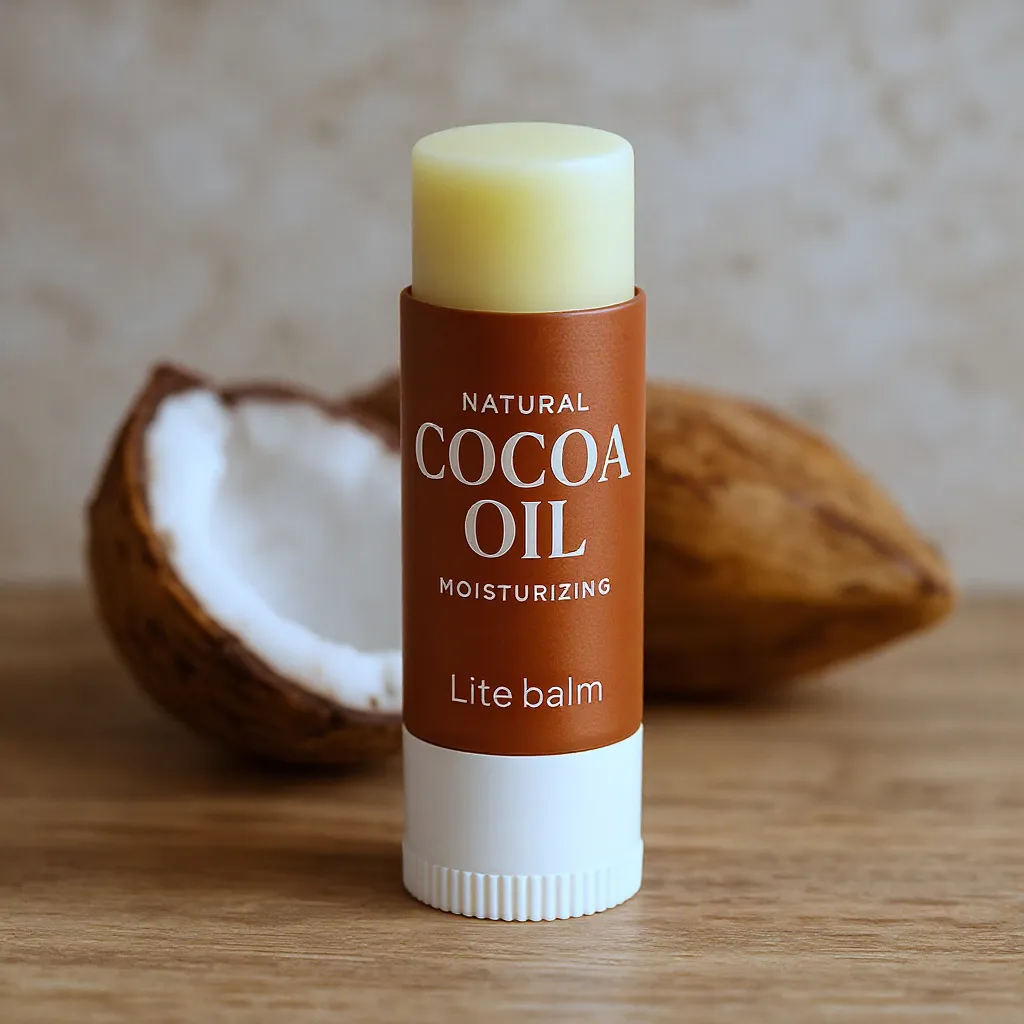 Baume à lèvres naturel à l’huile de coco et beurre de cacao posé sur une table en bois, hydratant et nourrissant.