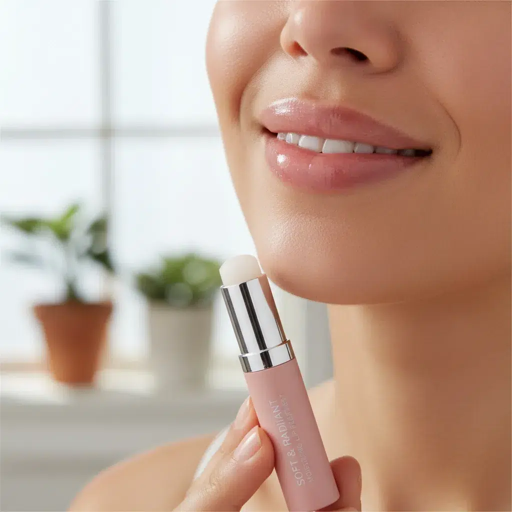 Femme appliquant un baume hydratant sur ses lèvres pour les protéger du froid et préserver leur douceur naturelle.
