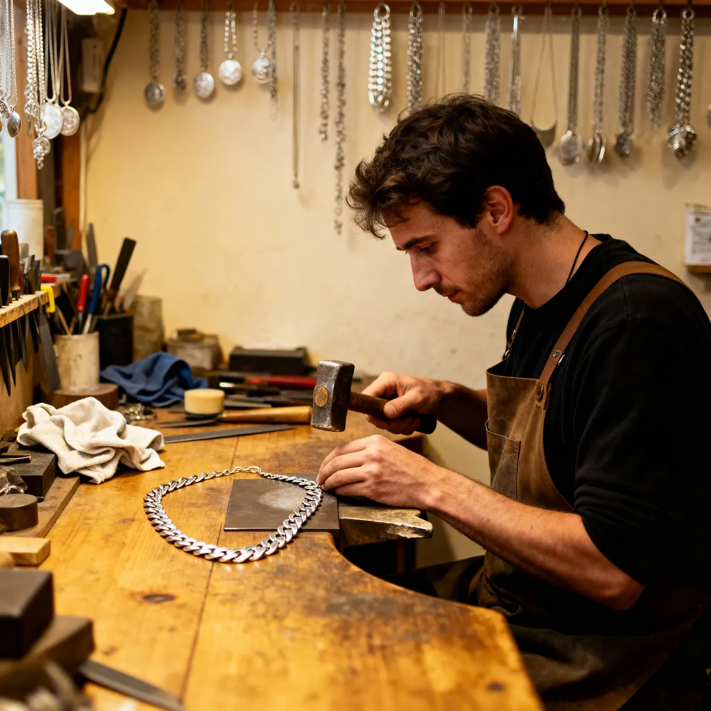 Artisan bijoutier travaillant un collier en argent martelé dans un atelier lumineux et chaleureux.