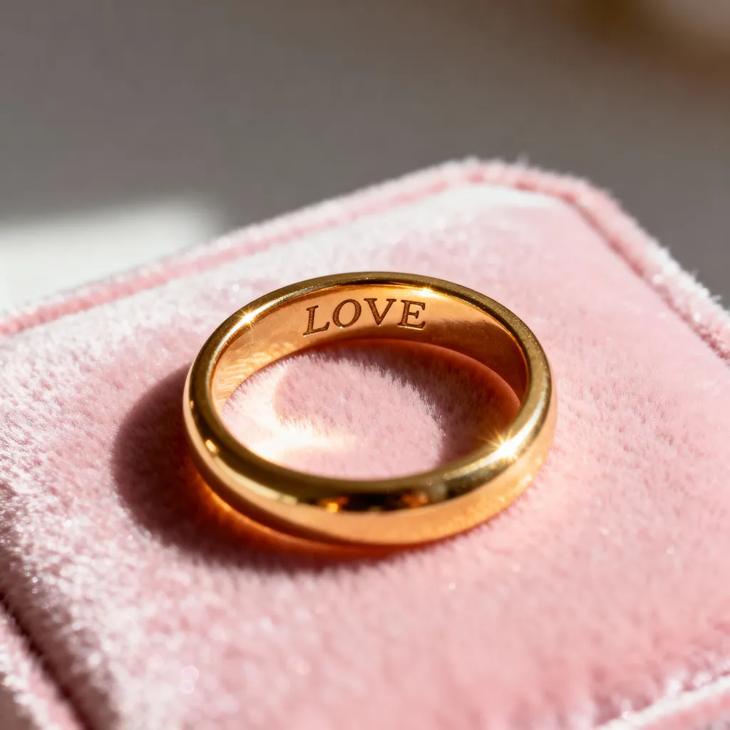 Bague en or gravée d’un mot doux à l’intérieur, présentée sur un fond en velours rose poudré