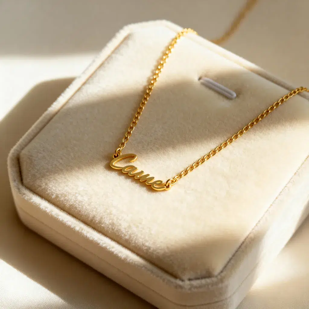 Collier personnalisé en or gravé d’un prénom délicat, posé sur un écrin doux couleur crème.