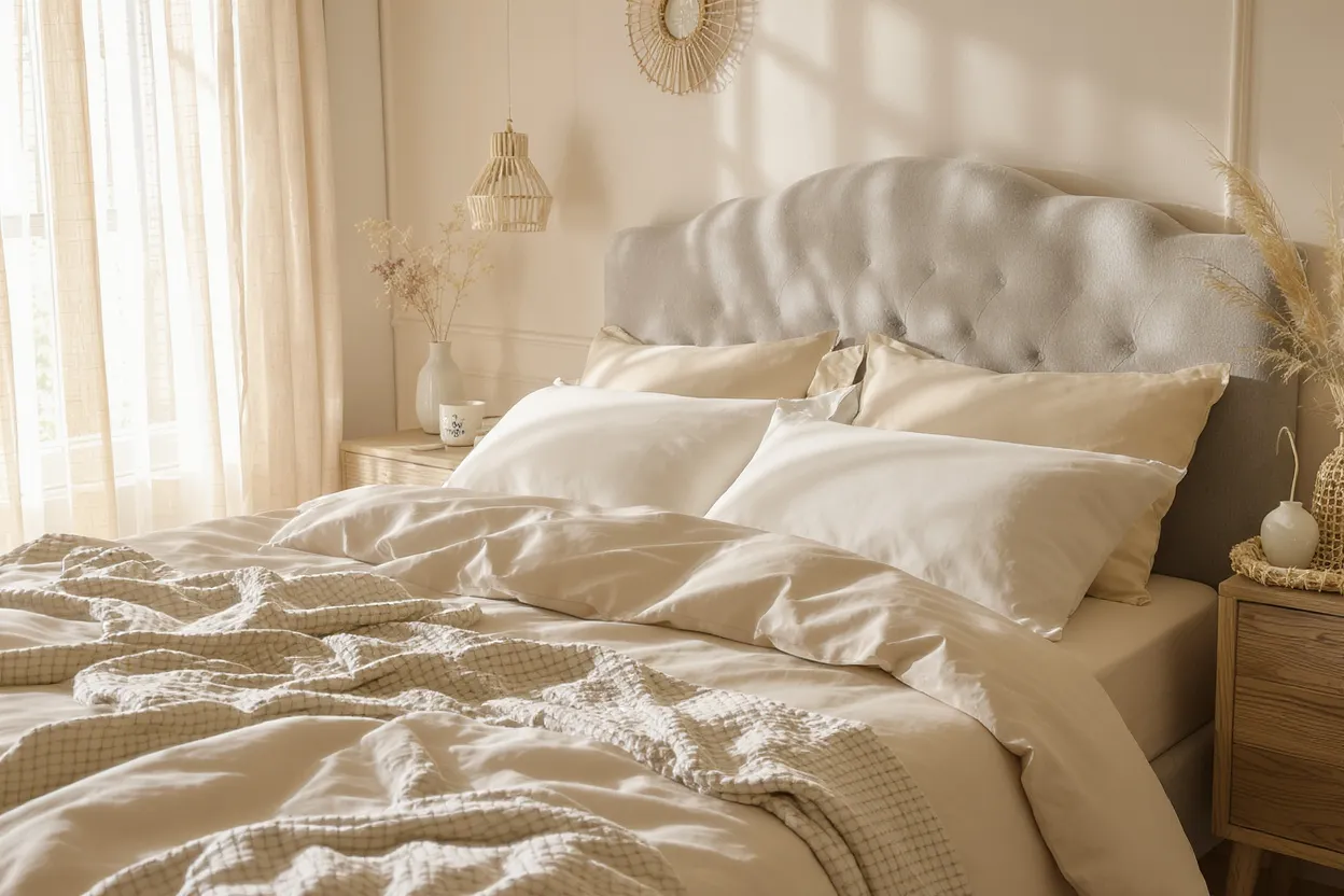 chambre cocooning avec parure en lin lavé beige 