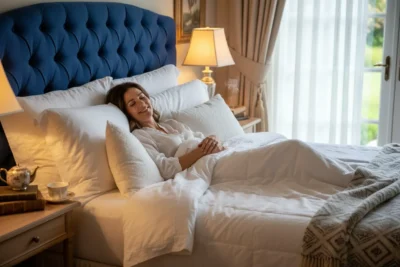 femme souriante profitant d'un grand moment de détente dans son lit bien décoré, avec parure de lit de grande qualité.