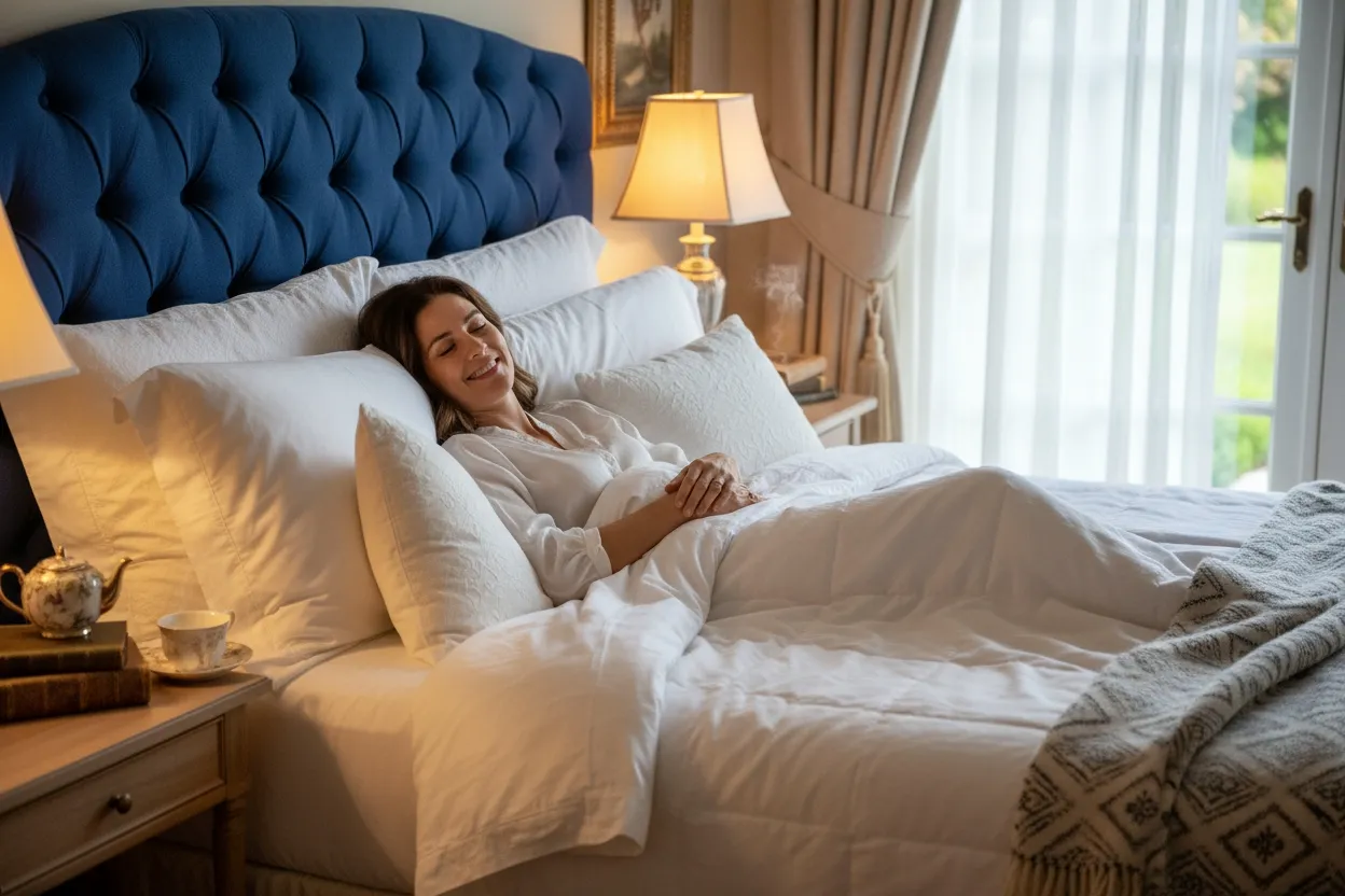 femme souriante profitant d'un grand moment de détente dans son lit bien décoré, avec parure de lit de grande qualité.
