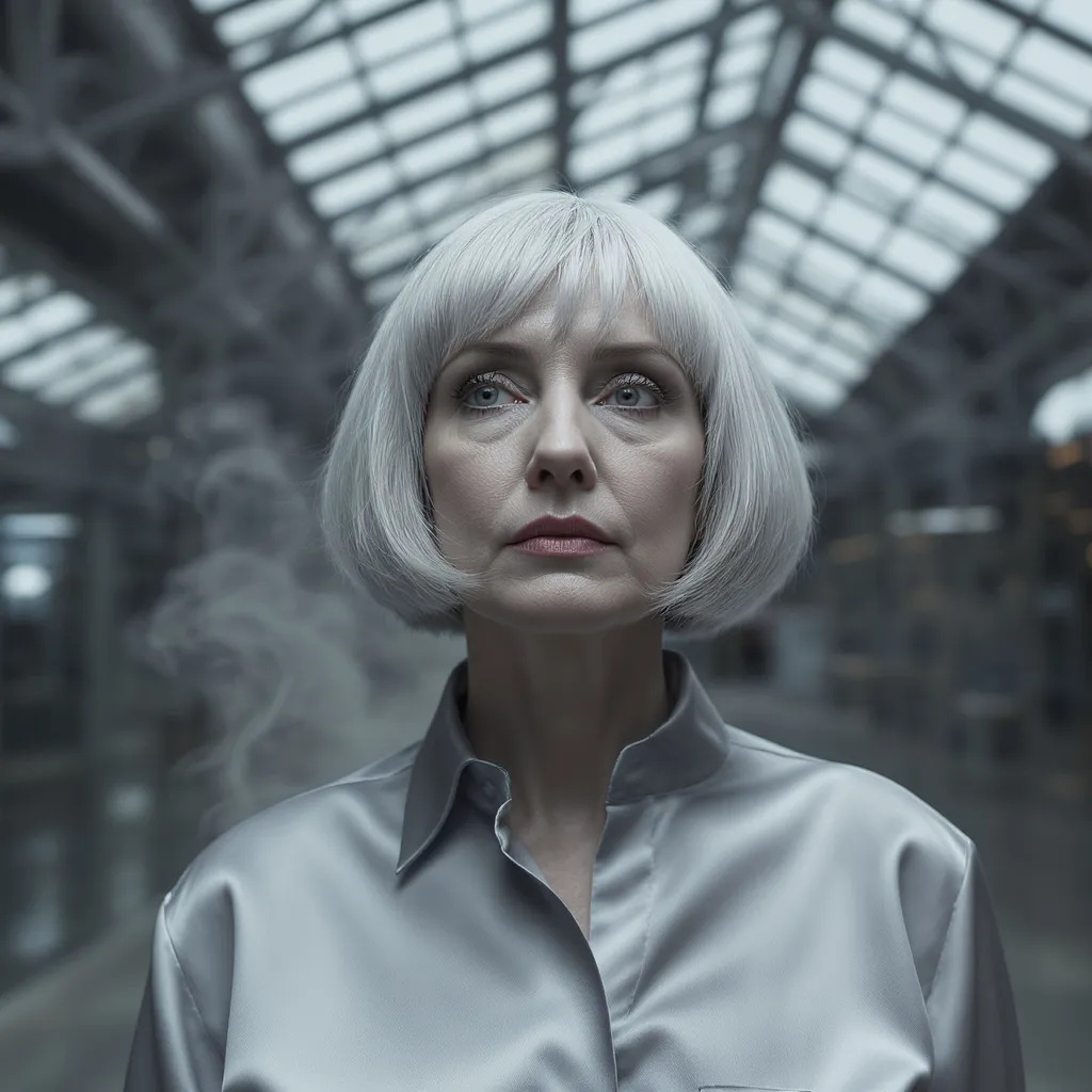 Bob argent fumé femme 62 ans, coupe chic et moderne dans une lumière industrielle douce.