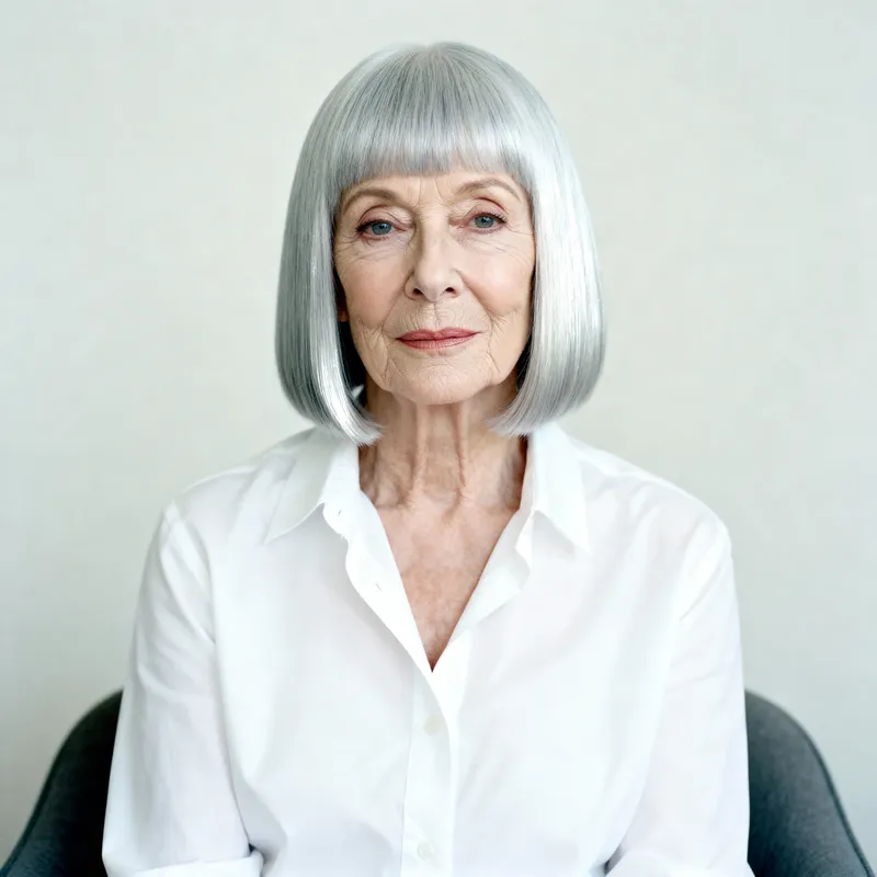Bob argent miroir femme 68 ans, coupe droite lumineuse et intemporelle.