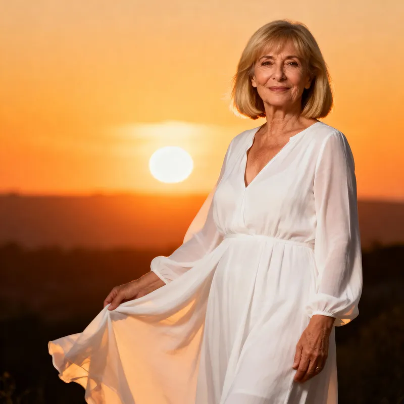 Bob doré femme 63 ans, coupe lumineuse et chaude sous le coucher du soleil.