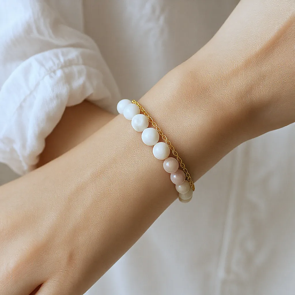 Bracelets en perles naturelles et chaîne dorée pour un look chic et authentique.