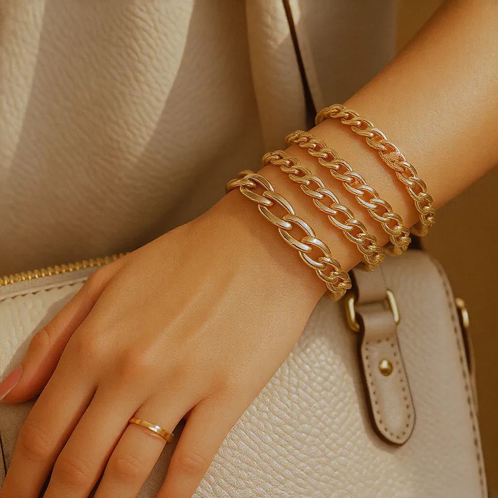 Main féminine posée sur un sac en cuir clair, poignet orné d’une superposition de bracelets dorés de styles variés (chaînes, gourmettes, joncs