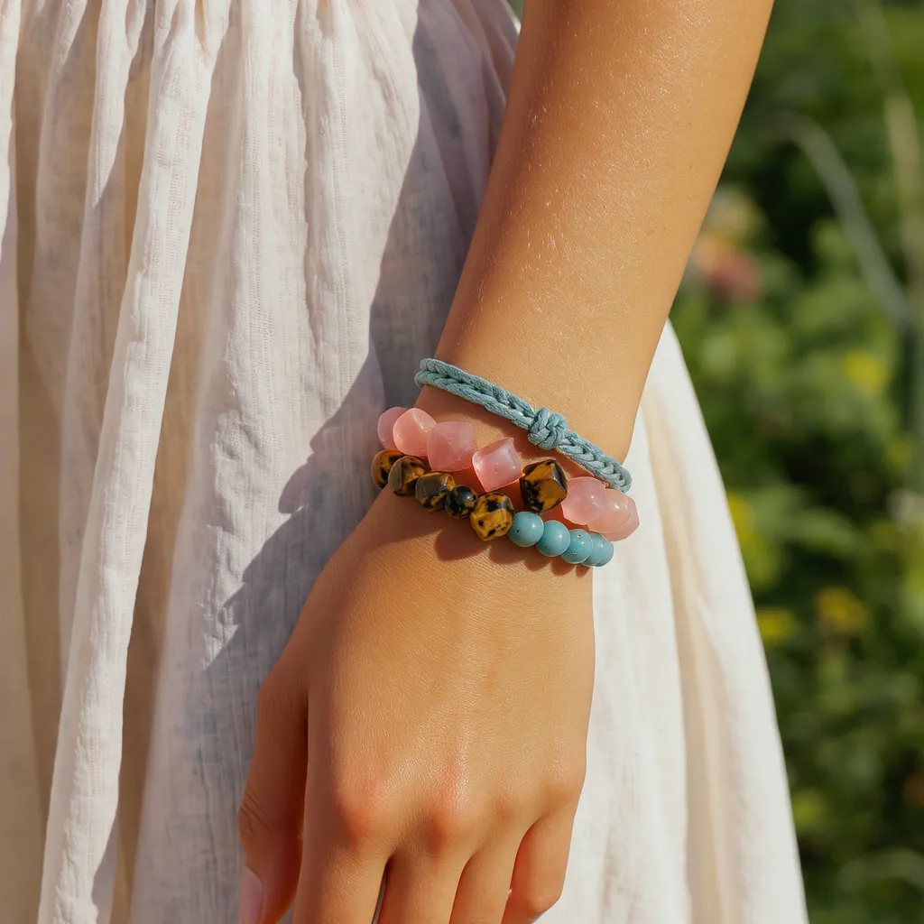 Bracelets bohèmes en cordons et pierres naturelles multicolores sur poignet féminin.