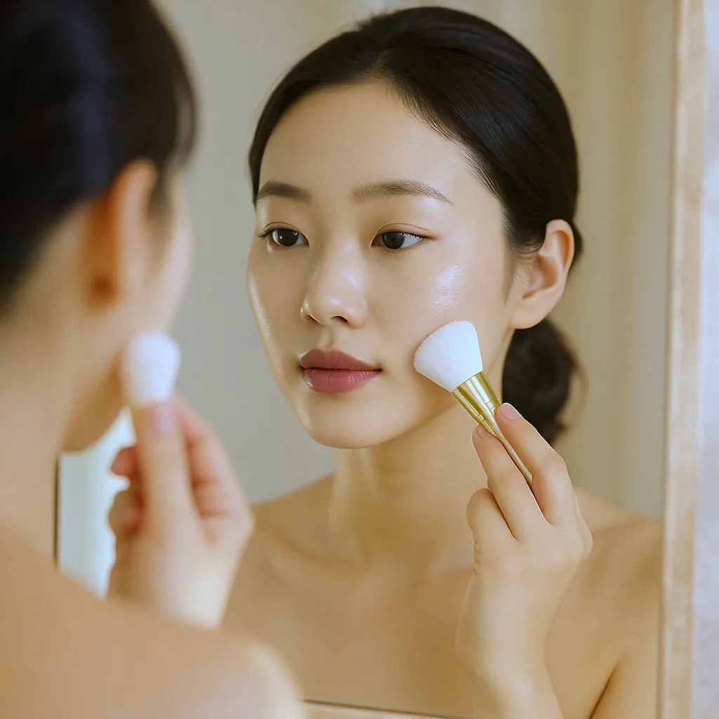 Femme appliquant sa brosse nettoyante japonaise sur le visage en mouvements circulaires lors de sa routine beauté quotidienne.