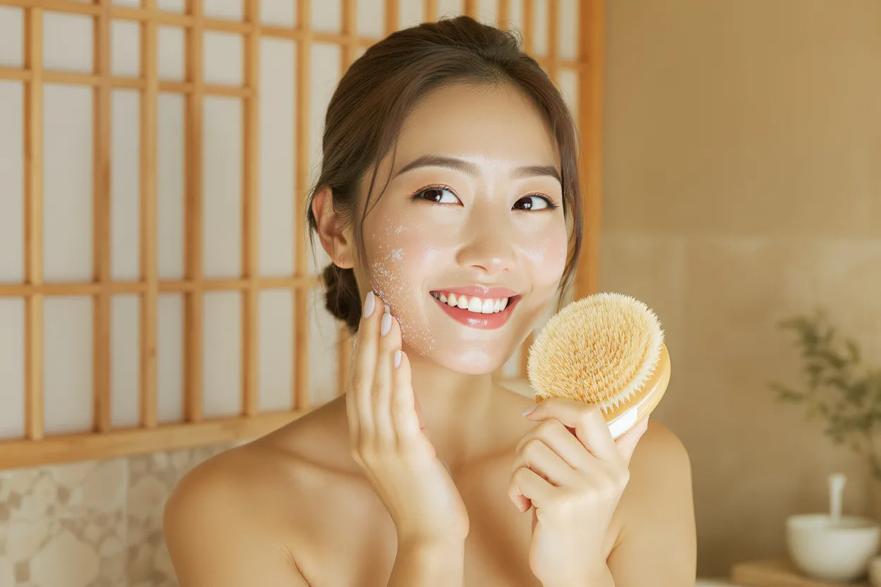 Femme utilisant une brosse nettoyante japonaise en poils naturels pour nettoyer son visage en douceur.