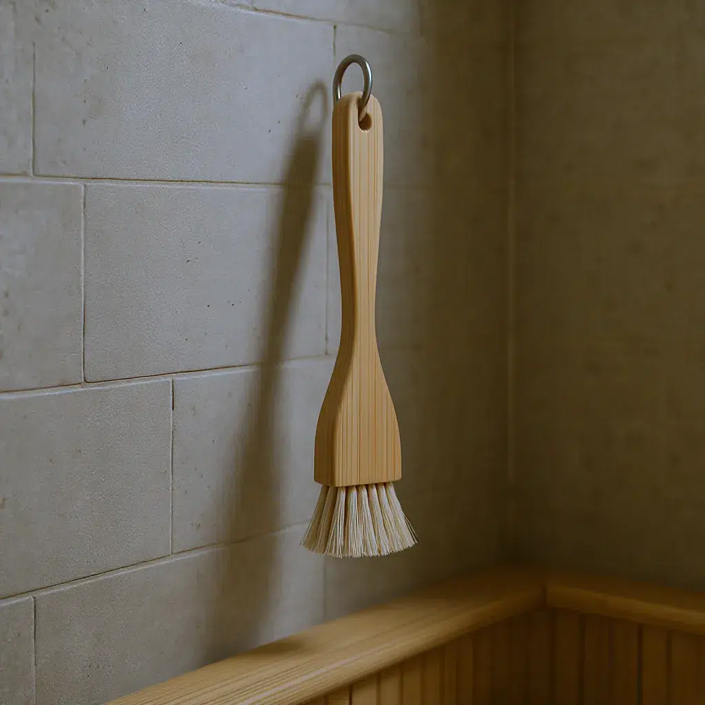 Brosse nettoyante japonaise suspendue poils vers le bas pour sécher à l’air libre après nettoyage.